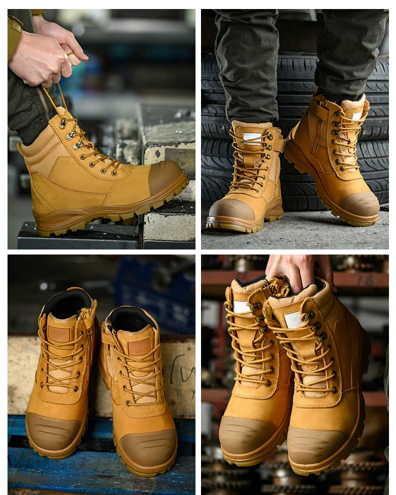Safety Boots Men's Welders for the Four Seasons First Layer Cowhide Work Anti-Smash and Anti-Puncture Plaid Solid Bottom