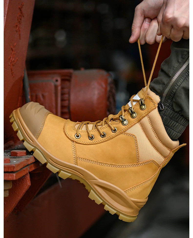Safety Boots Men's Welders for the Four Seasons First Layer Cowhide Work Anti-Smash and Anti-Puncture Plaid Solid Bottom