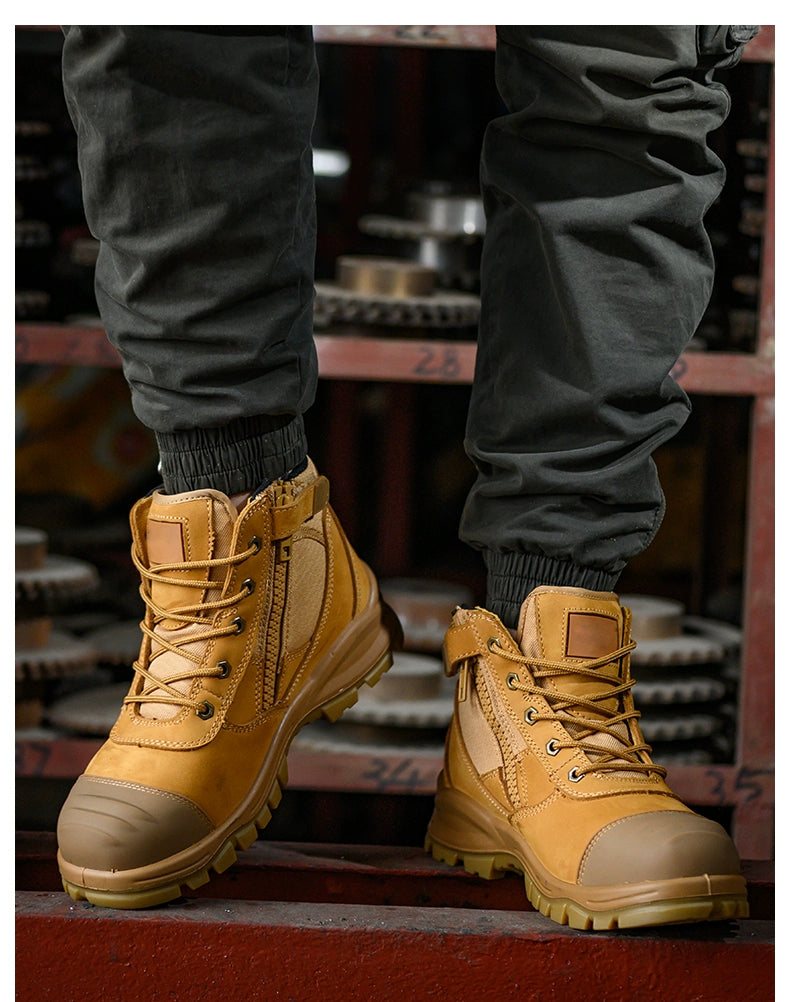 Safety Boots Men's Welders for the Four Seasons First Layer Cowhide Work Anti-Smash and Anti-Puncture Plaid Solid Bottom