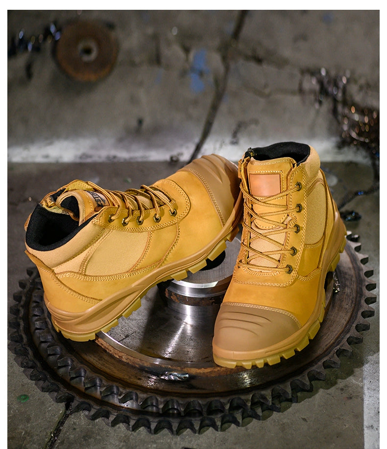 Safety Boots Men's Welders for the Four Seasons First Layer Cowhide Work Anti-Smash and Anti-Puncture Plaid Solid Bottom