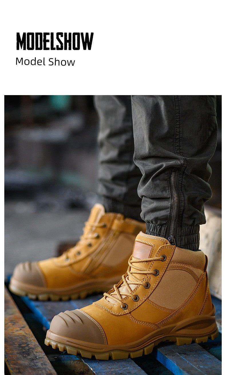 Safety Boots Men's Welders for the Four Seasons First Layer Cowhide Work Anti-Smash and Anti-Puncture Plaid Solid Bottom