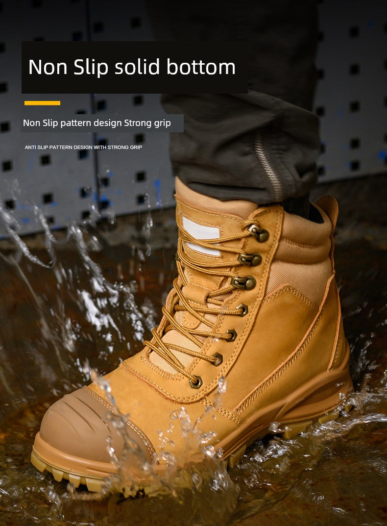 Safety Boots Men's Welders for the Four Seasons First Layer Cowhide Work Anti-Smash and Anti-Puncture Plaid Solid Bottom