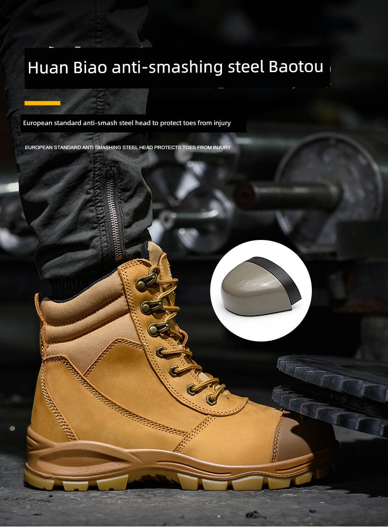 Safety Boots Men's Welders for the Four Seasons First Layer Cowhide Work Anti-Smash and Anti-Puncture Plaid Solid Bottom