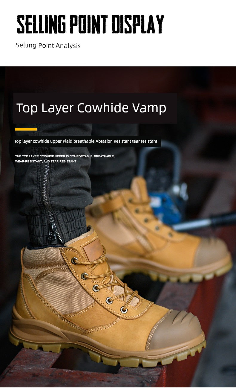 Safety Boots Men's Welders for the Four Seasons First Layer Cowhide Work Anti-Smash and Anti-Puncture Plaid Solid Bottom