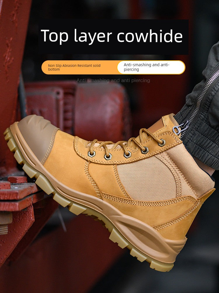 Safety Boots Men's Welders for the Four Seasons First Layer Cowhide Work Anti-Smash and Anti-Puncture Plaid Solid Bottom