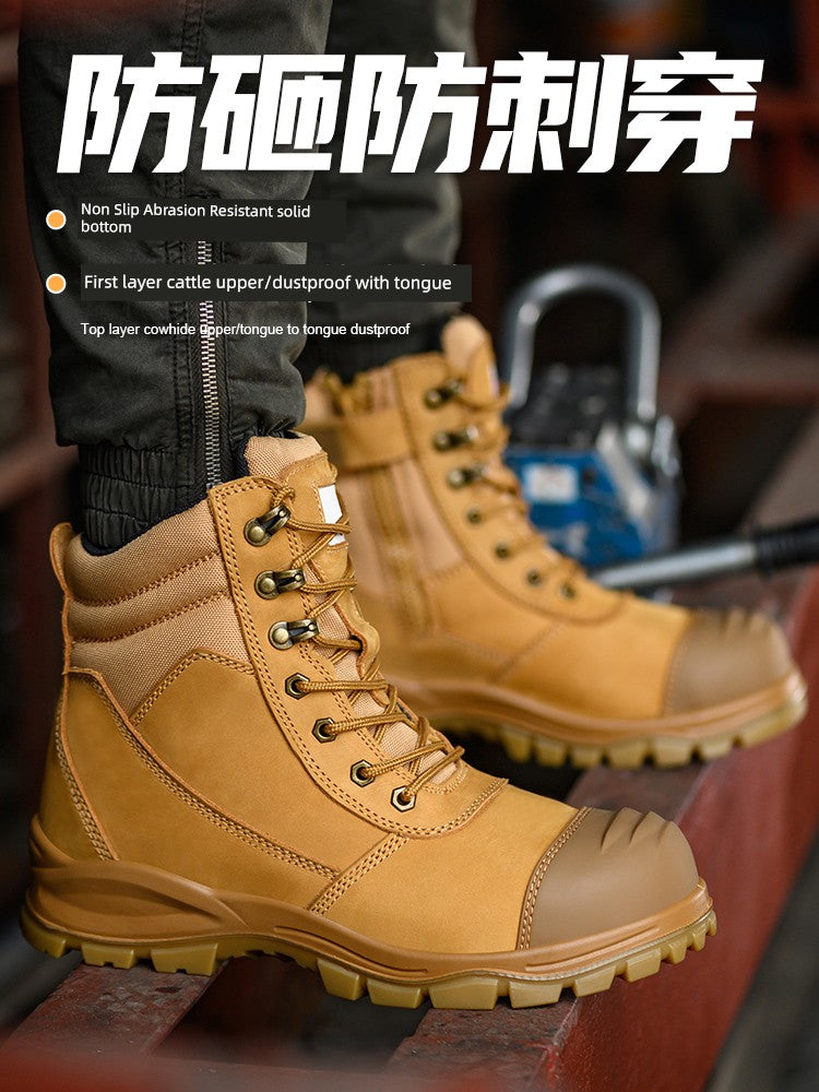 Safety Boots Men's Welders for the Four Seasons First Layer Cowhide Work Anti-Smash and Anti-Puncture Plaid Solid Bottom