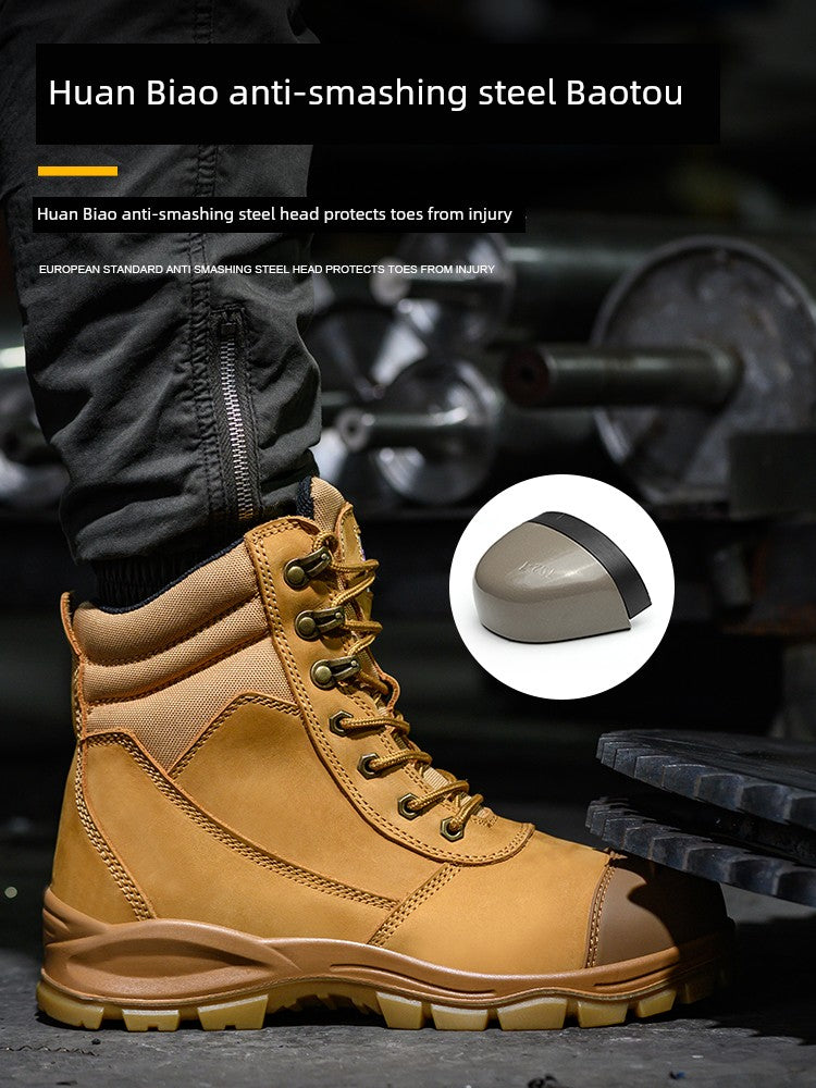 Safety Boots Men's Welders for the Four Seasons First Layer Cowhide Work Anti-Smash and Anti-Puncture Plaid Solid Bottom