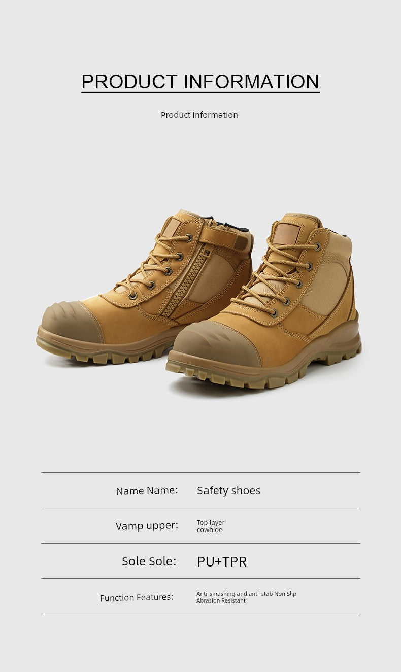 Safety Boots Men's Welders for the Four Seasons First Layer Cowhide Work Anti-Smash and Anti-Puncture Plaid Solid Bottom