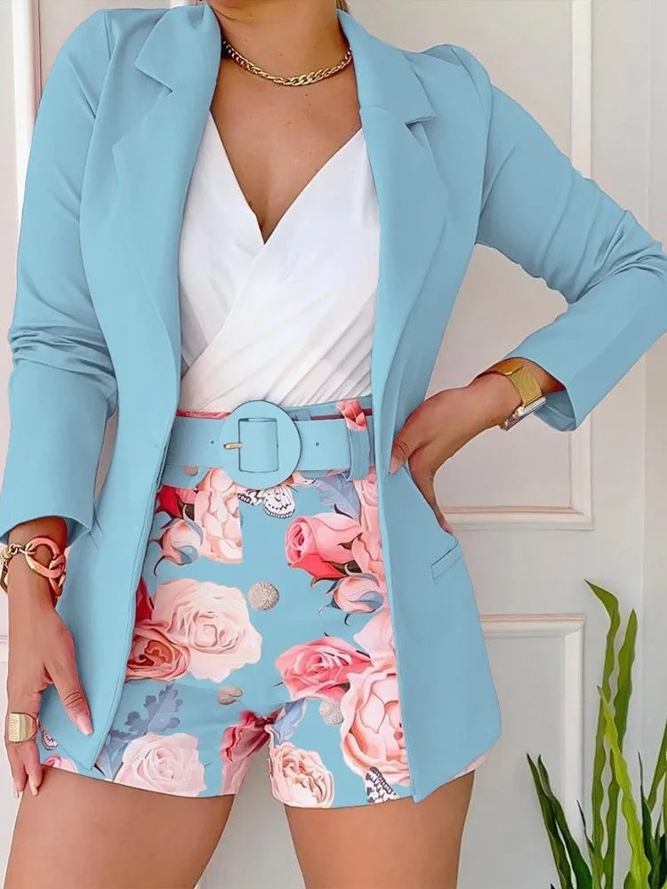 Long Sleeve Suit Jacket Shorts Set Spring Fashion Solid Turn Down Collar Coat Print Shorts Two Piece Sets For Women Outfit 2023