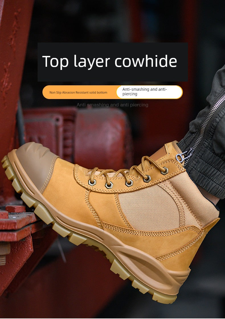 Safety Boots Men's Welders for the Four Seasons First Layer Cowhide Work Anti-Smash and Anti-Puncture Plaid Solid Bottom