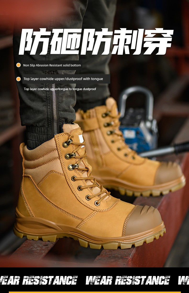 Safety Boots Men's Welders for the Four Seasons First Layer Cowhide Work Anti-Smash and Anti-Puncture Plaid Solid Bottom