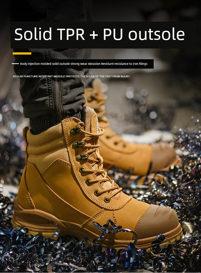 Safety Boots Men's Welders for the Four Seasons First Layer Cowhide Work Anti-Smash and Anti-Puncture Plaid Solid Bottom